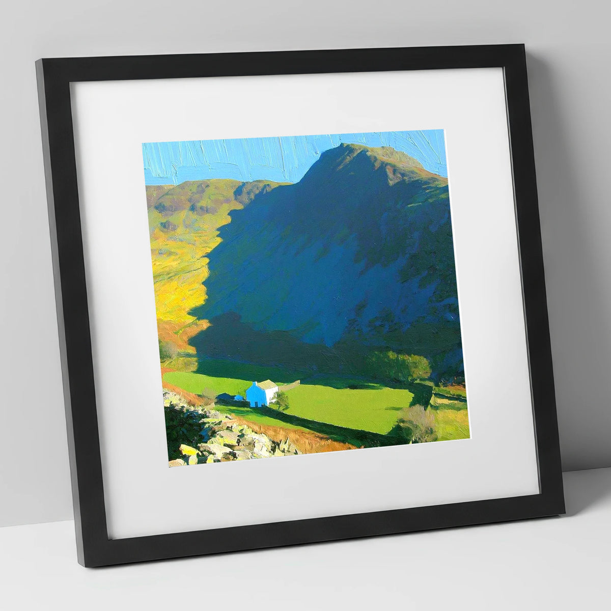 Harter Fell Over Valley Farm lake district fell art print in black frame