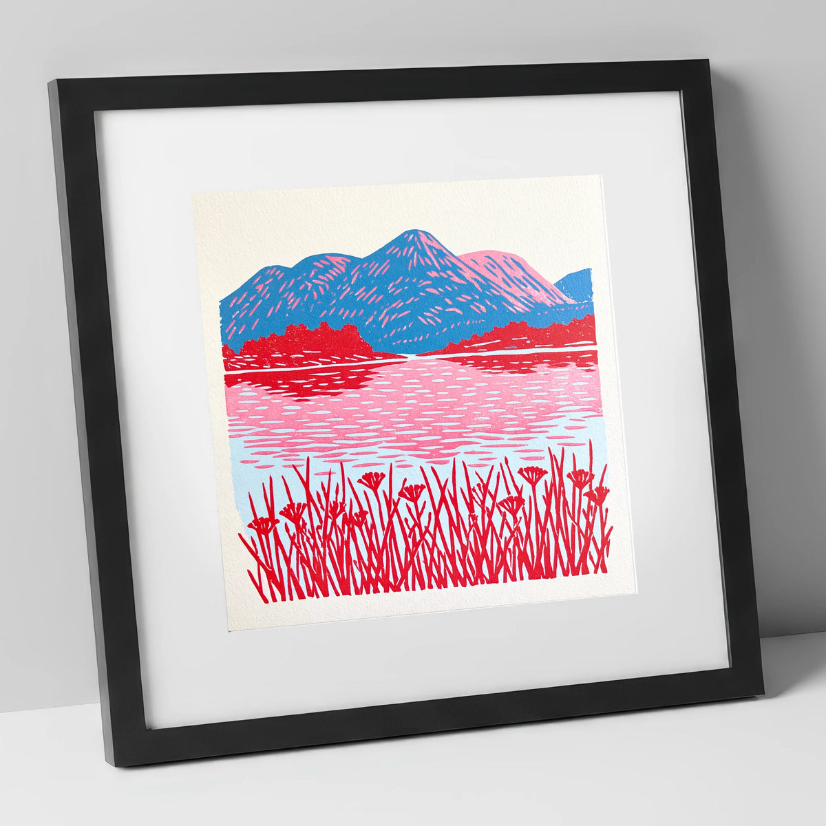 Vibrant Lake And Cobalt Fells lake district lake art print in black frame