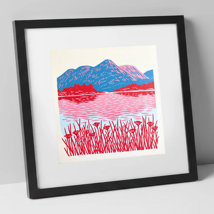 Vibrant Lake And Cobalt Fells lake district lake art print in black frame