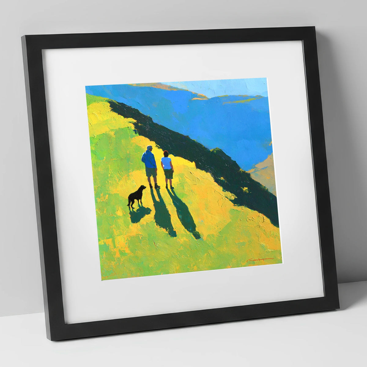 Sunlit Dog Walkers on Blencathra gifts for dog walkers art print in black frame