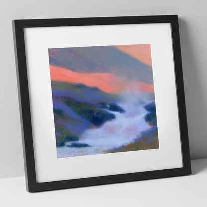 Pink Twilight Over Fellside Beck lake district waterfall art print in black frame