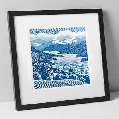 Coniston Water in Cobalt Blue lake district lake art print in black frame