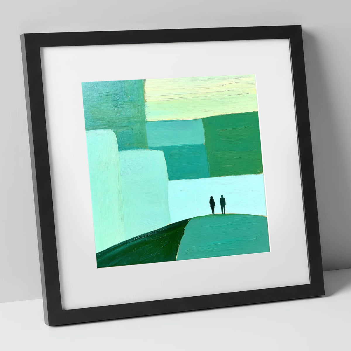 Abstract Green Fell Top Hikers lake district fell art print in black frame