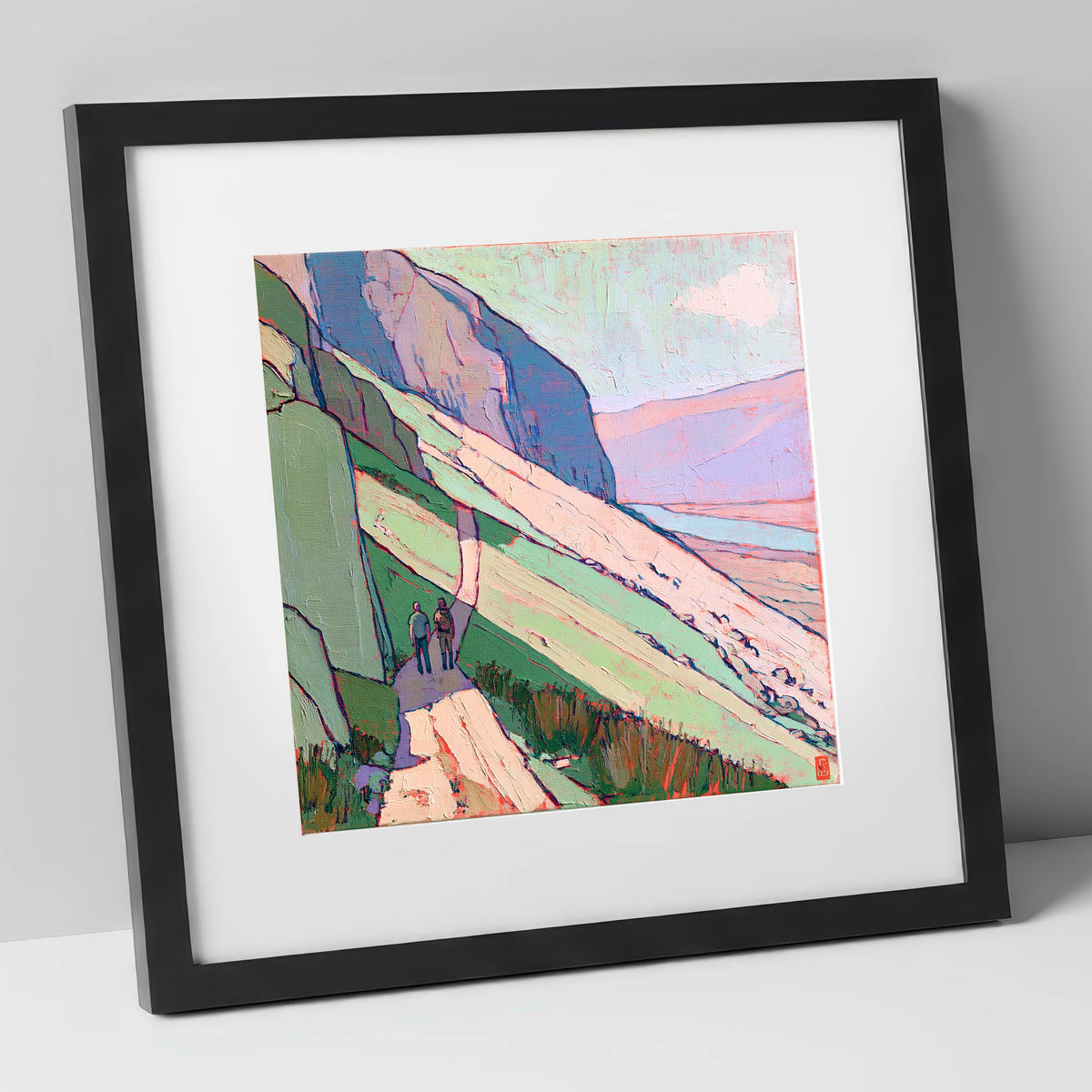 Textured Mountain Path With Walkers lake district walking art print in black frame
