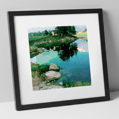 Lakeside Cottage And Turquoise Reflections lake district lake art print in black frame