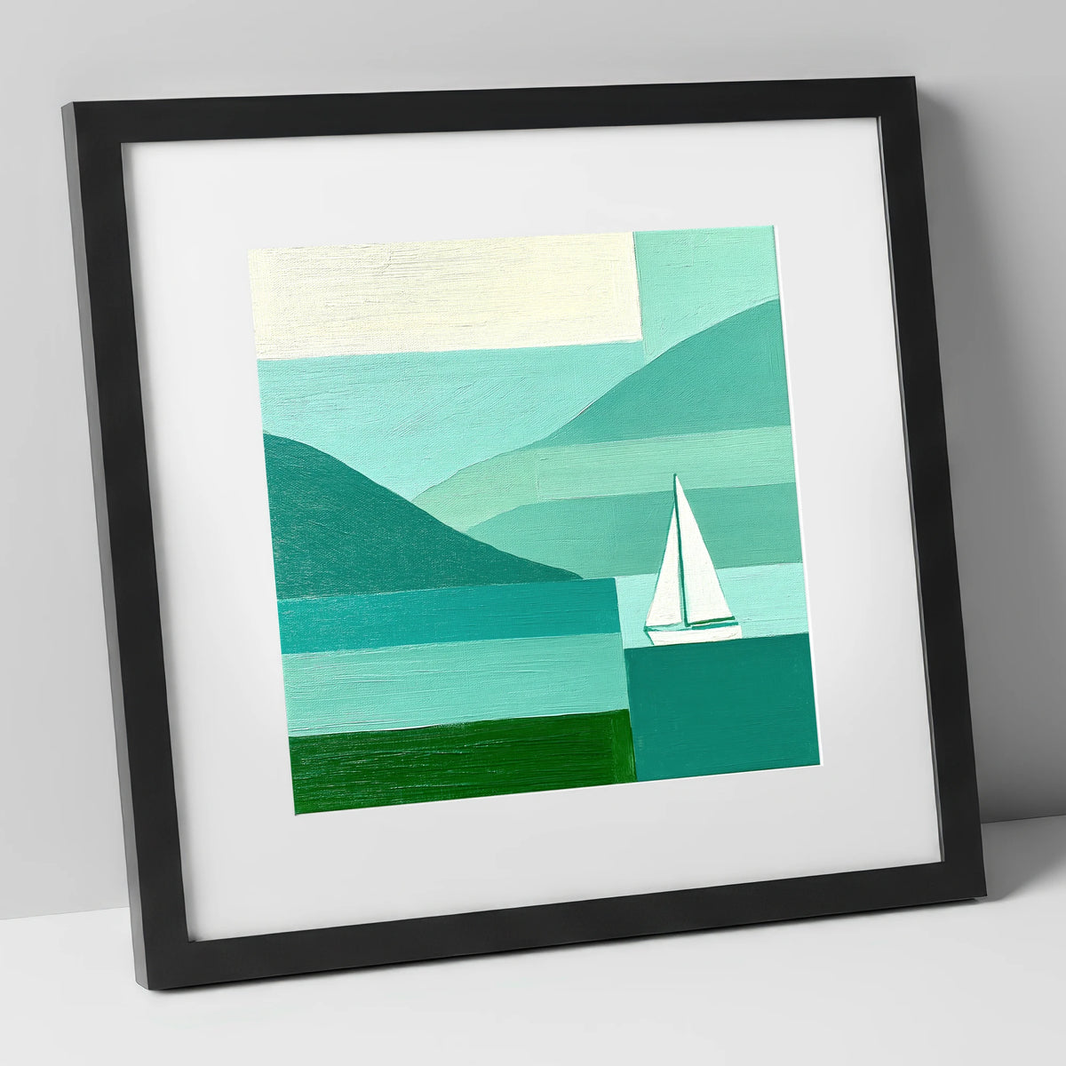 Geometric Lake District Sailboat lake district walking art print in black frame