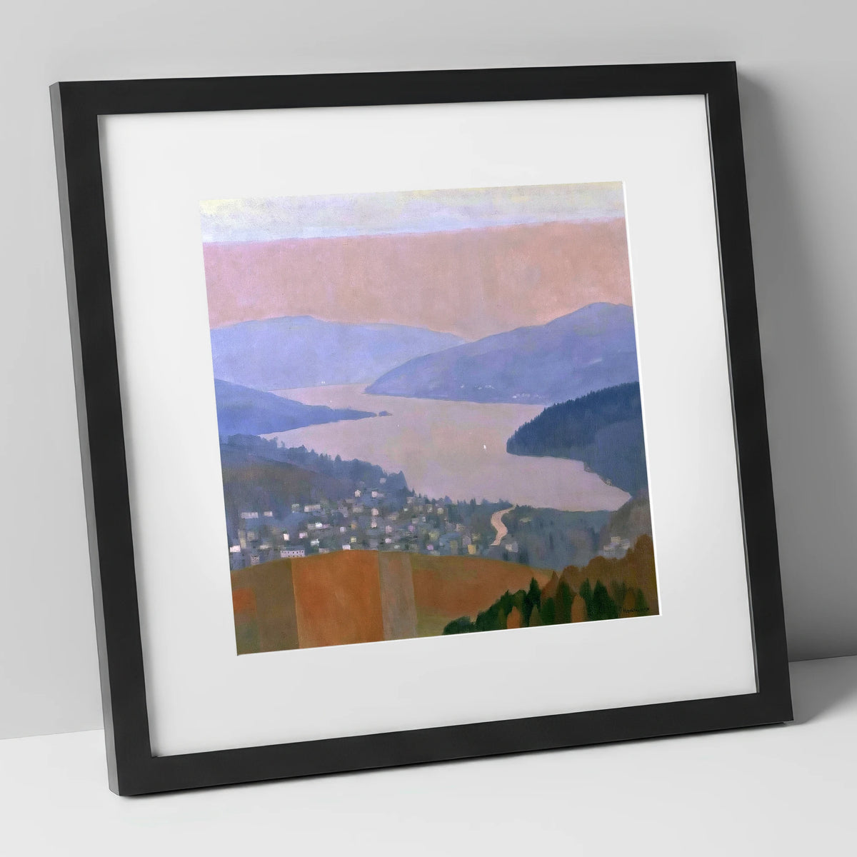 Ambleside and Lake in Pastel Dusk lake district village art print in black frame