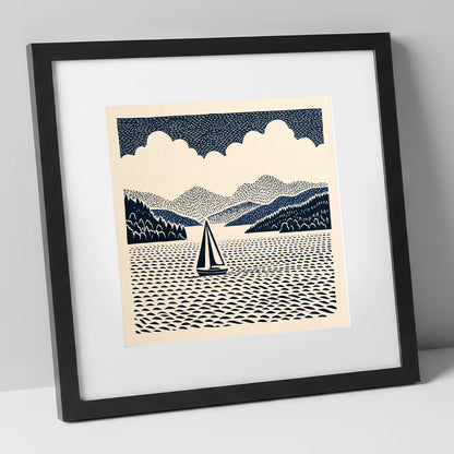 Windermere Sailboat in Deep Navy lake district lake art print in black frame
