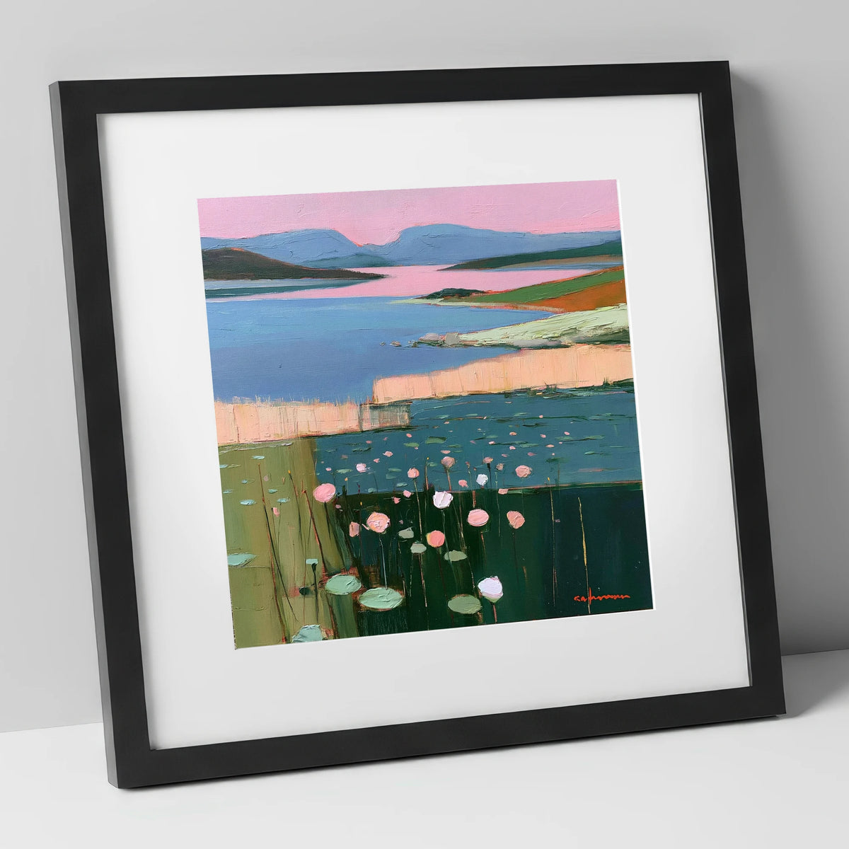 Lake Fells Under Pink Sky lake district lake art print in black frame