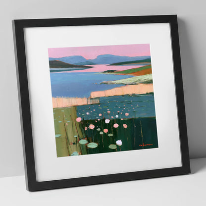 Lake Fells Under Pink Sky lake district lake art print in black frame