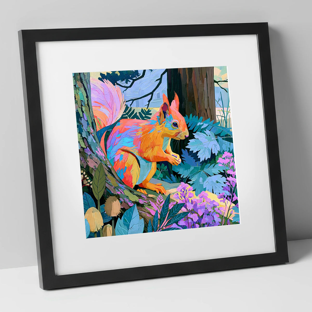 Vibrant Woodland Red Squirrel lake district wildlife art print in black frame