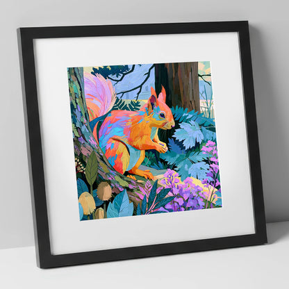 Vibrant Woodland Red Squirrel lake district wildlife art print in black frame
