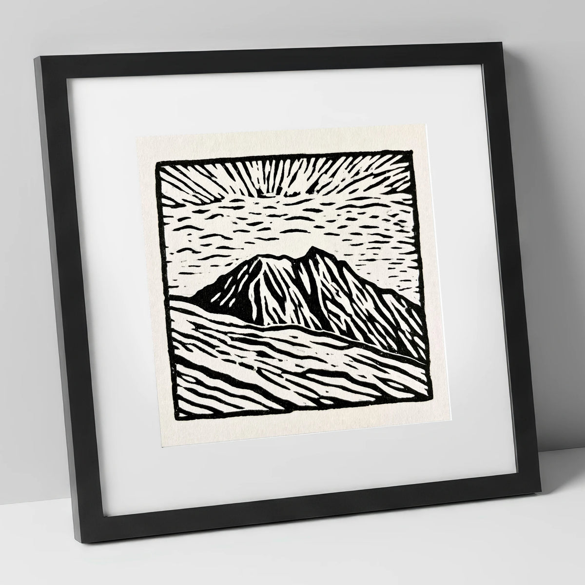 Monochromatic Helvellyn Sunburst lake district fell art print in black frame