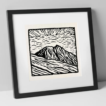 Monochromatic Helvellyn Sunburst lake district fell art print in black frame