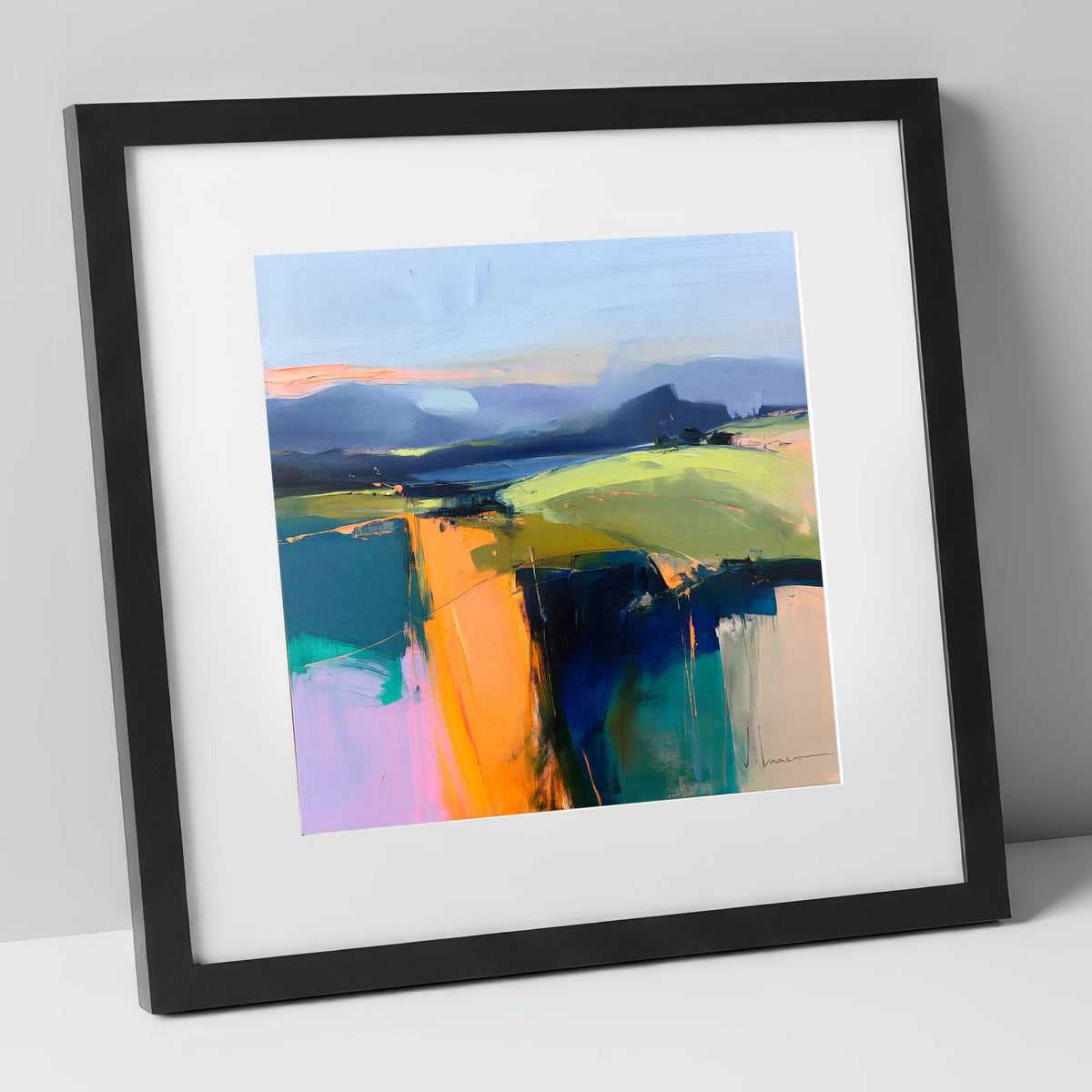 Vibrant Golden Evening Fells lake district sky art print in black frame