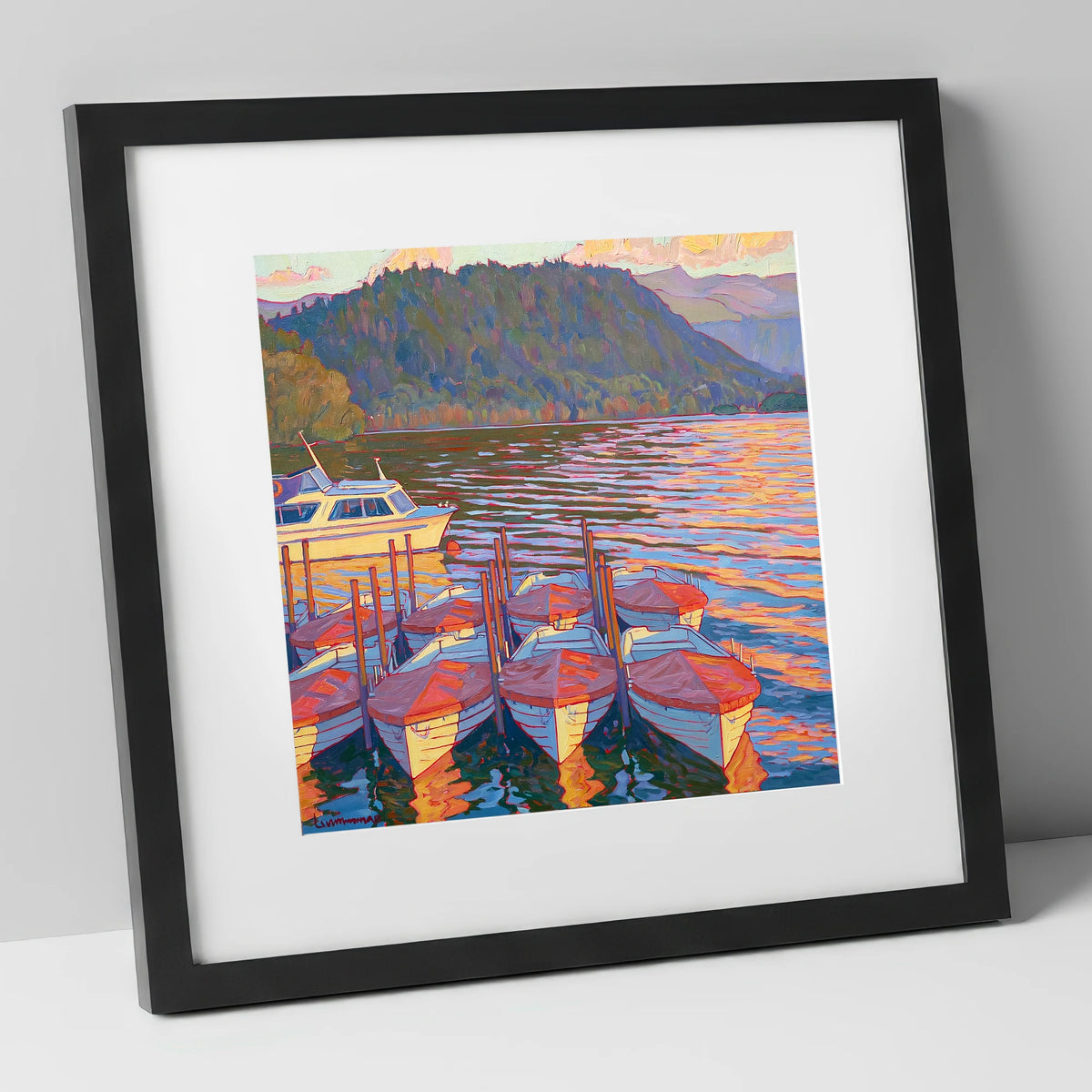 Red Covered Boats on Windermere lake district lake art print in black frame