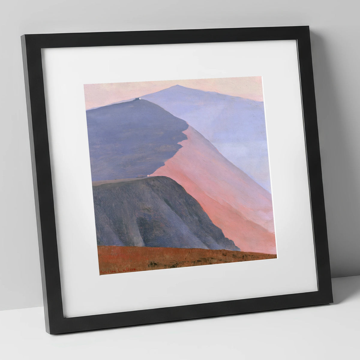Mountain Summit in Pink Light lake district fell art print in black frame