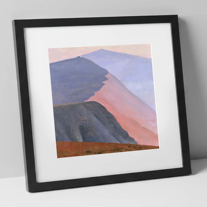 Mountain Summit in Pink Light lake district fell art print in black frame