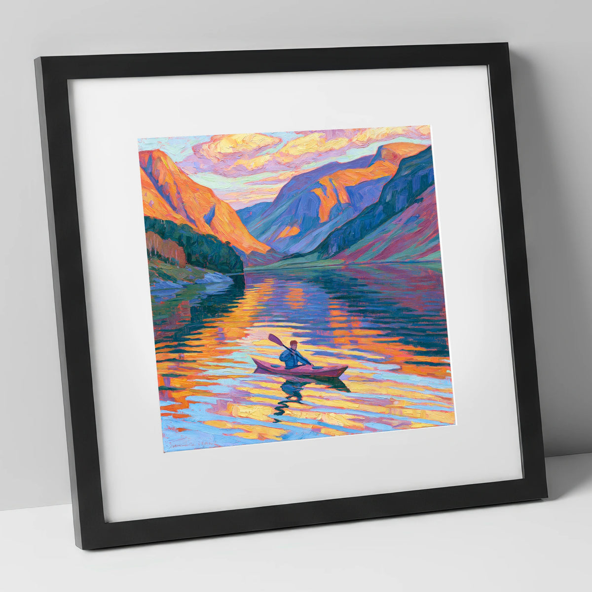 Vibrant Sunset Kayak on the Lake lake district walking art print in black frame