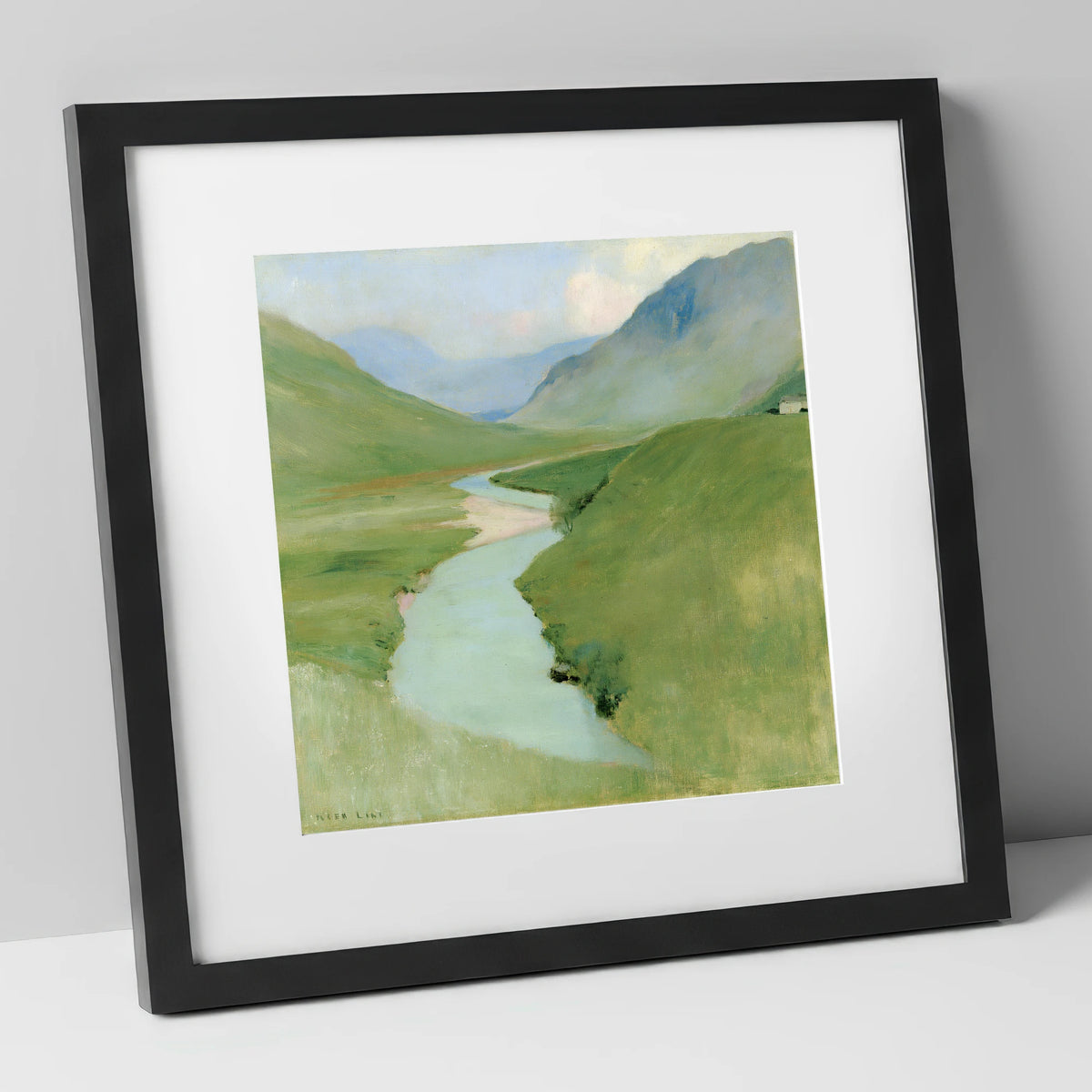 Winding River in Pastel Fells lake district waterfall art print in black frame