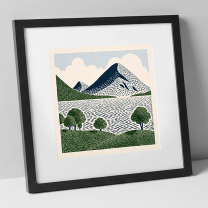 Graphic Fells Above Crummock Water lake district lake art print in black frame