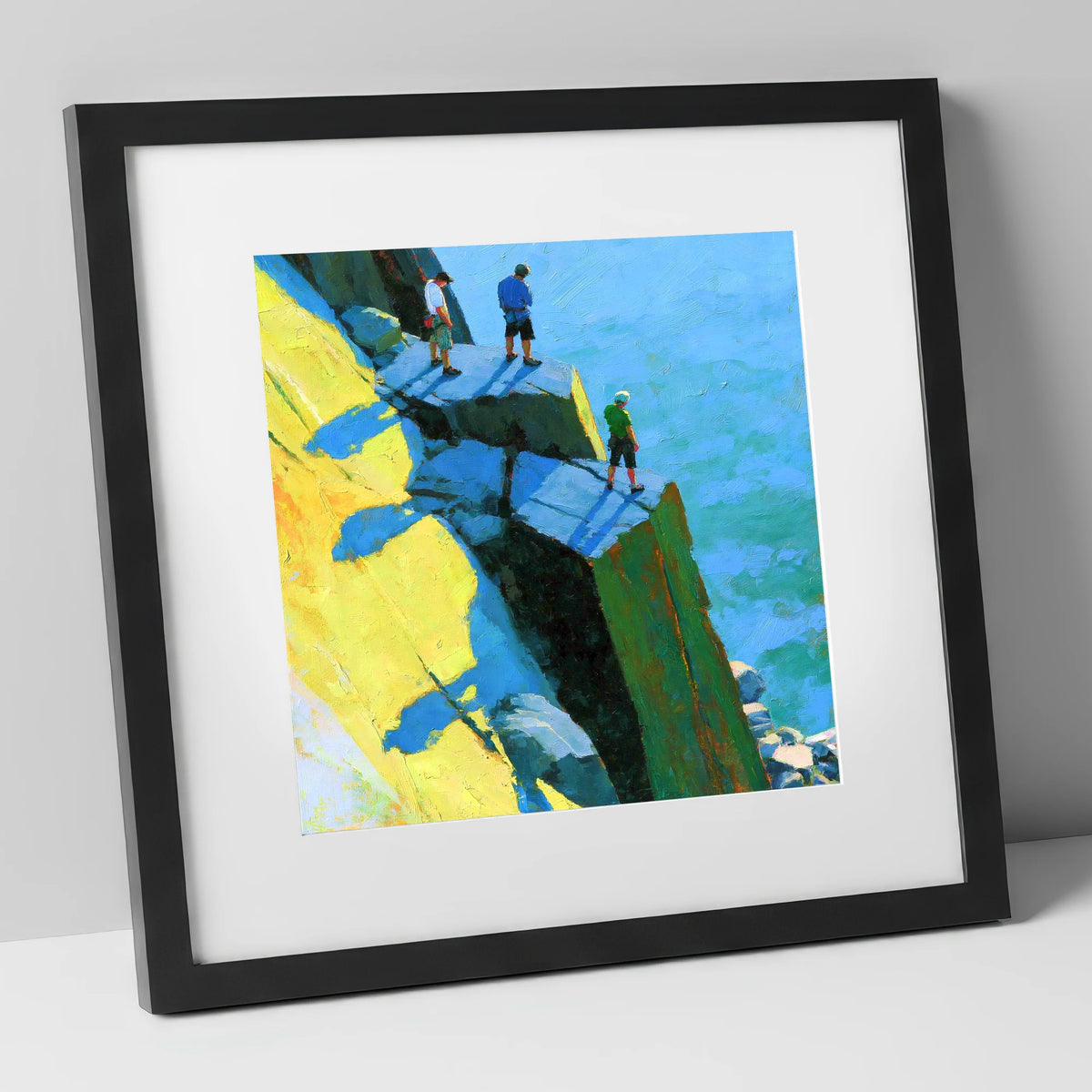 High Crag Climbers in Bright Sun lake district walking art print in black frame