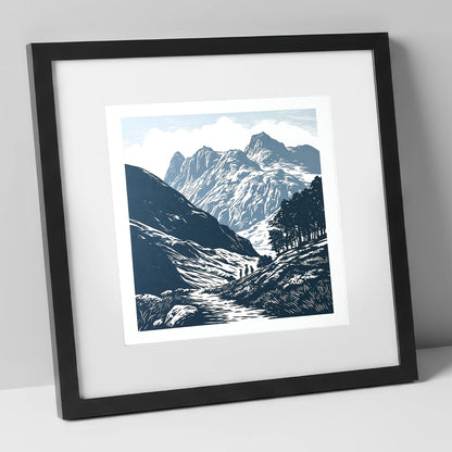 Langdale Pikes in Slate Blue lake district fell art print in black frame