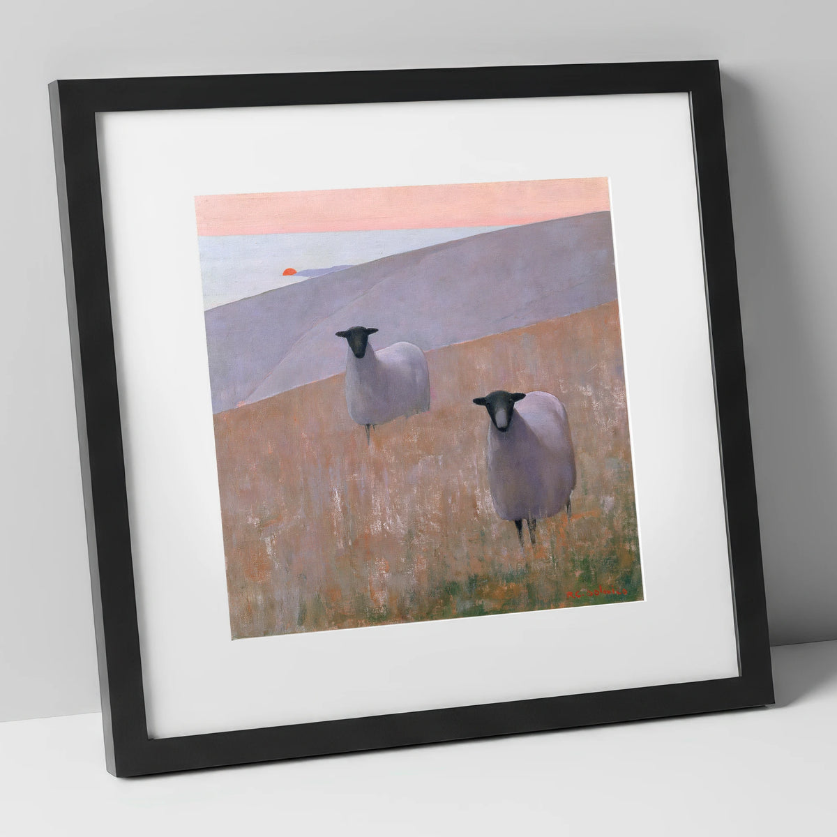 Herdwick Sheep on Lavender Fells lake district wildlife art print in black frame