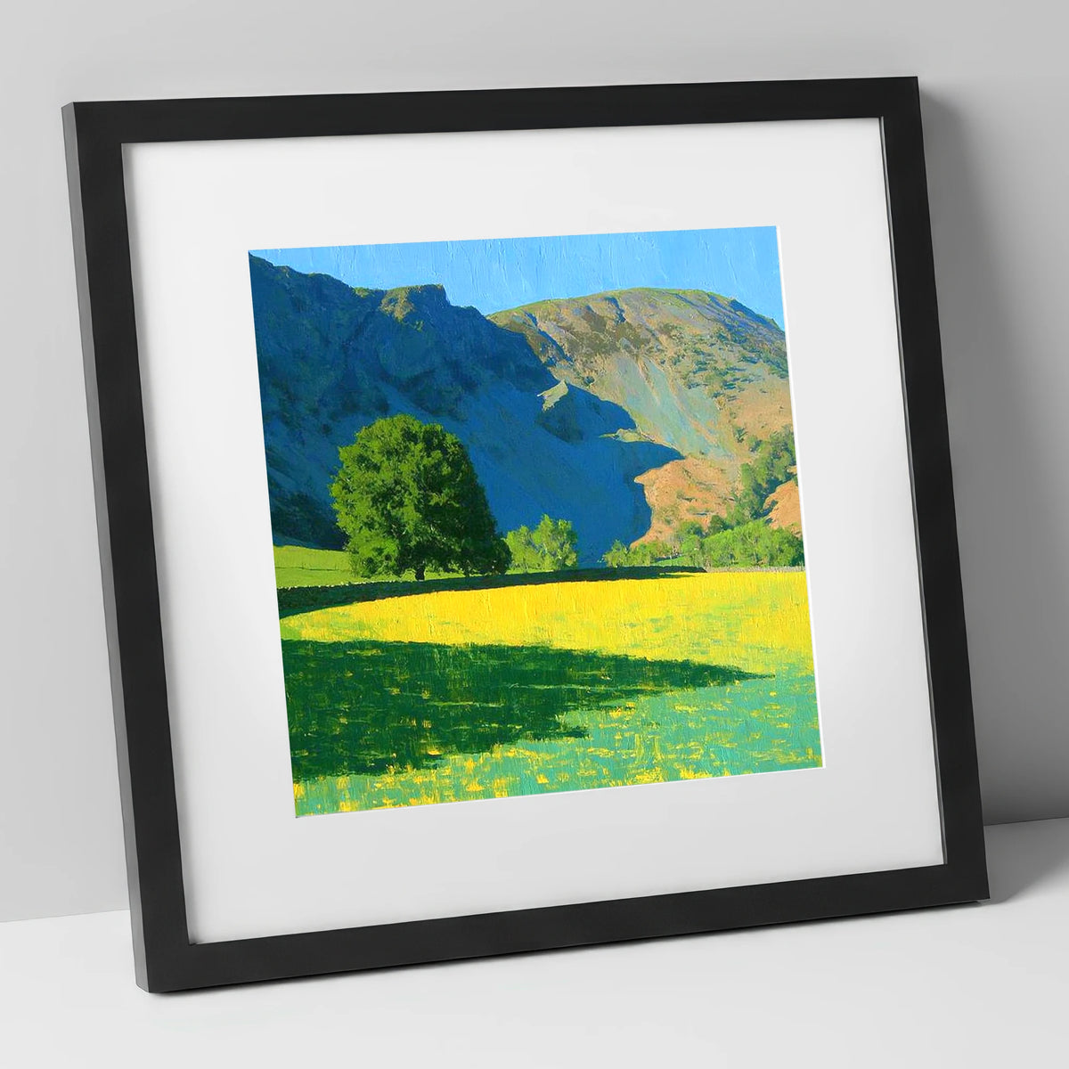 Sunlit Meadow Beneath Sheffield Pike lake district fell art print in black frame