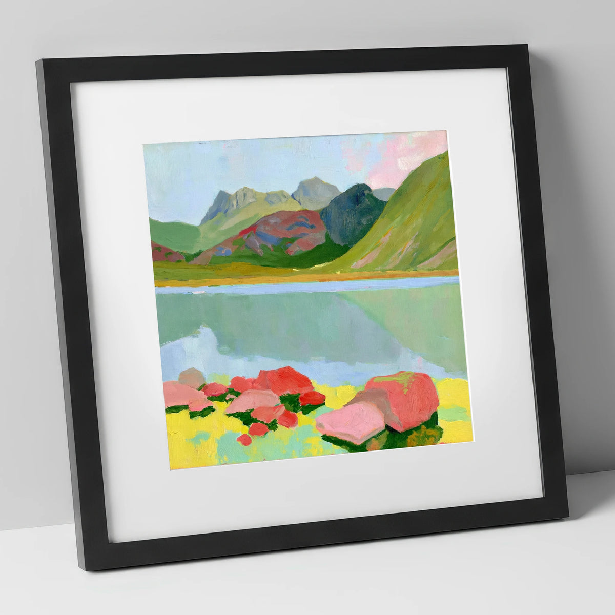 Pastel Rocks at Blea Tarn lake district valley art print in black frame