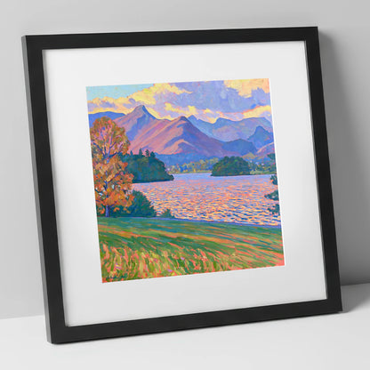 Radiant Derwentwater from Crow Park lake district village art print in black frame