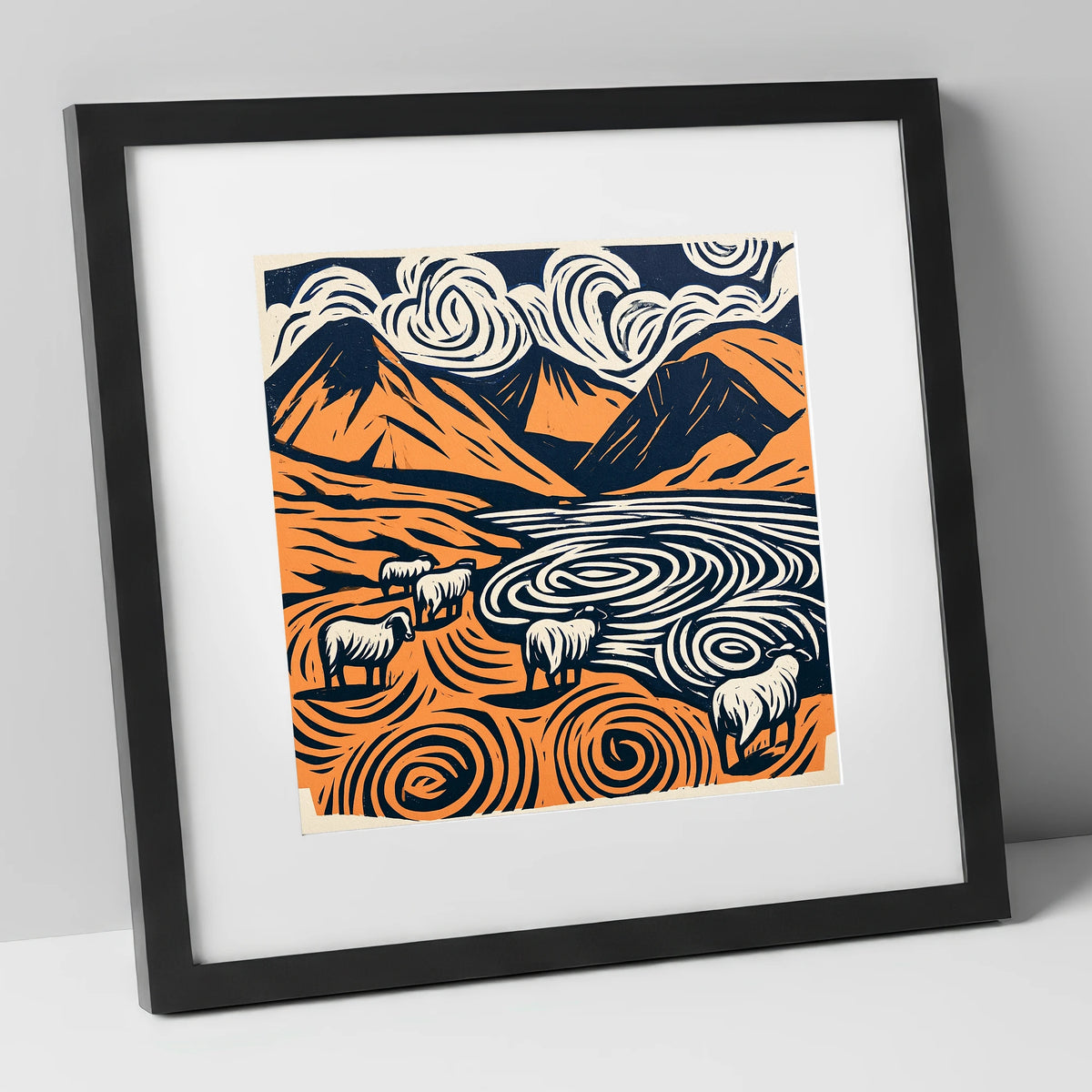 Scafell Pike in Terracotta and Navy lake district fell art print in black frame