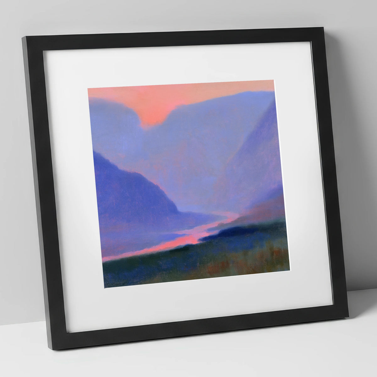 Twilight River Through Indigo Fells lake district waterfall art print in black frame