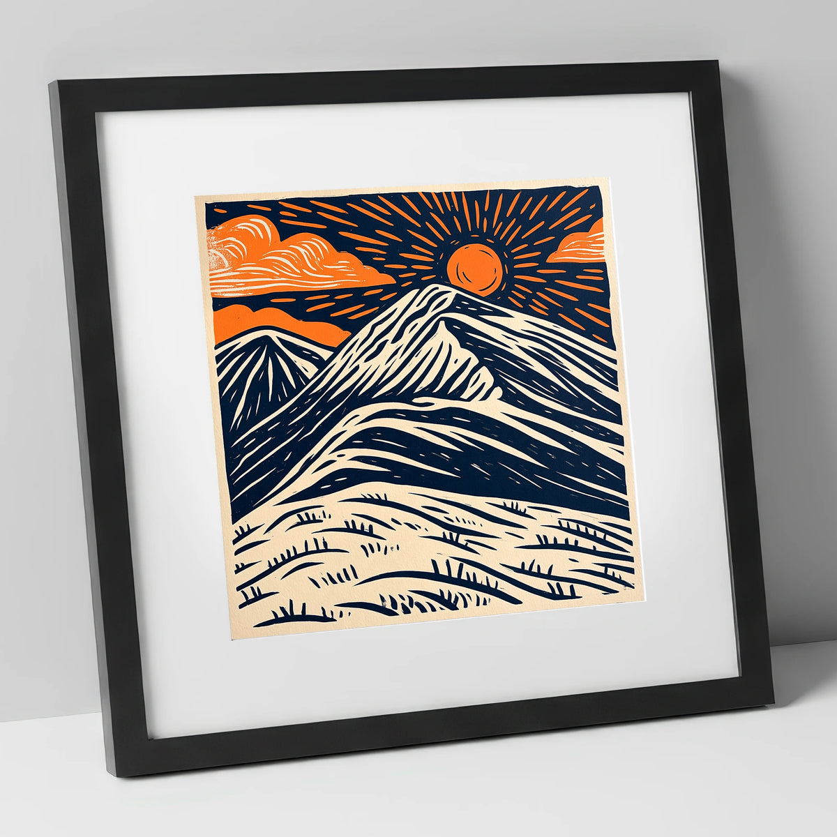 Blencathra With Terracotta Sunburst lake district fell art print in black frame