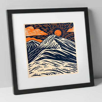 Blencathra With Terracotta Sunburst lake district fell art print in black frame