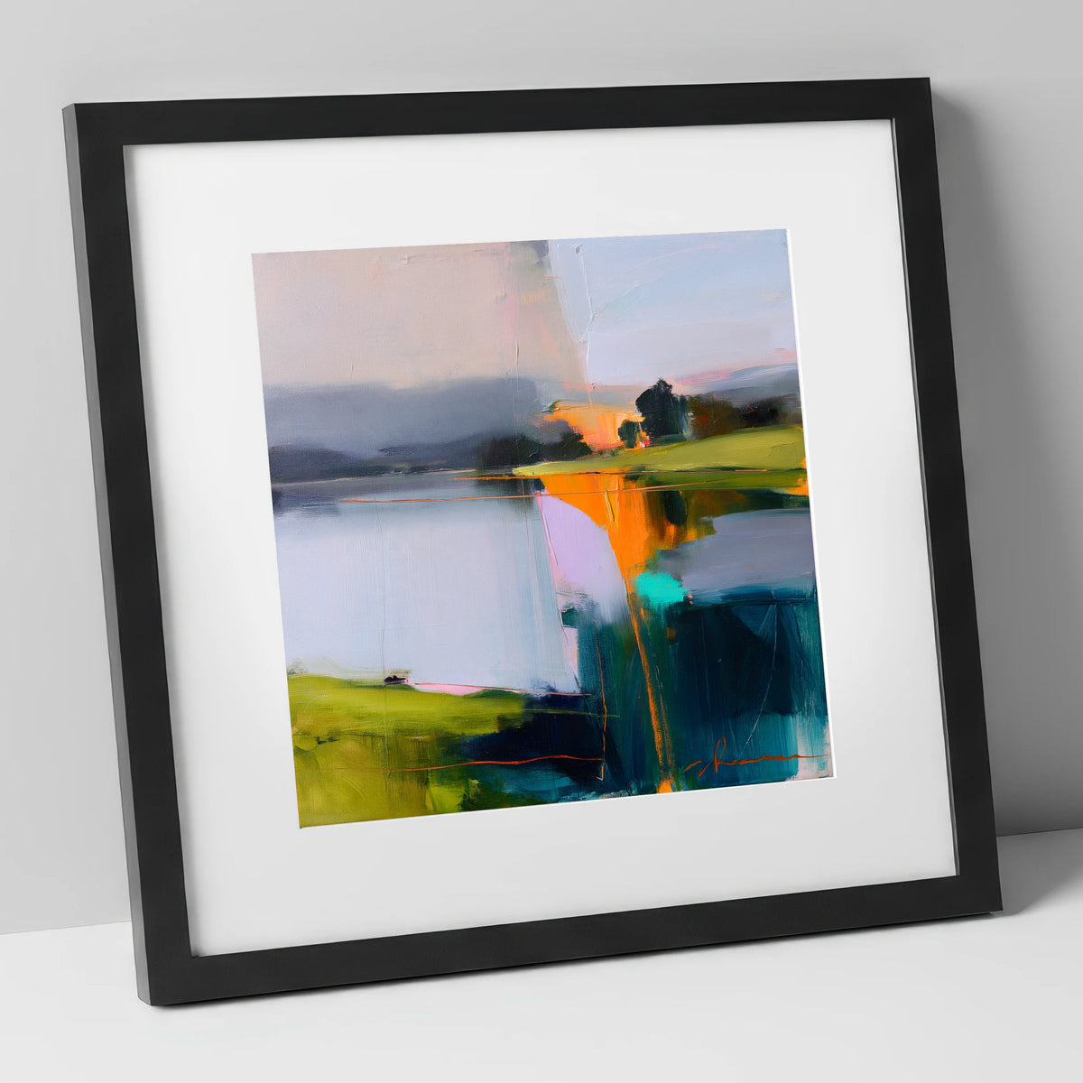 Vibrant Dawn on Still Lake lake district lake art print in black frame