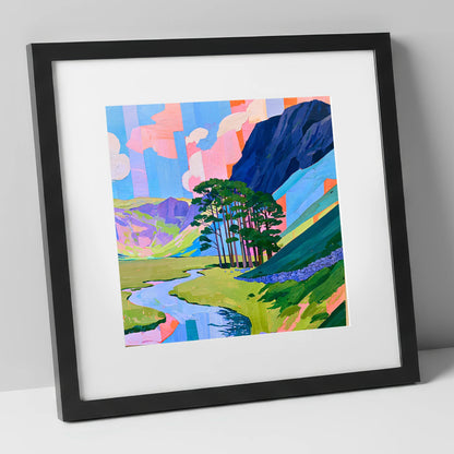 Vibrant Pines Below Haystacks lake district fell art print in black frame