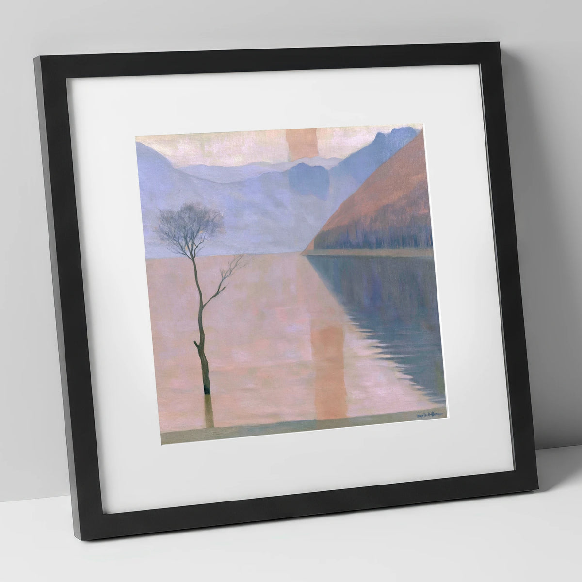 Buttermere Lone Tree in Pastel Light lake district lake art print in black frame