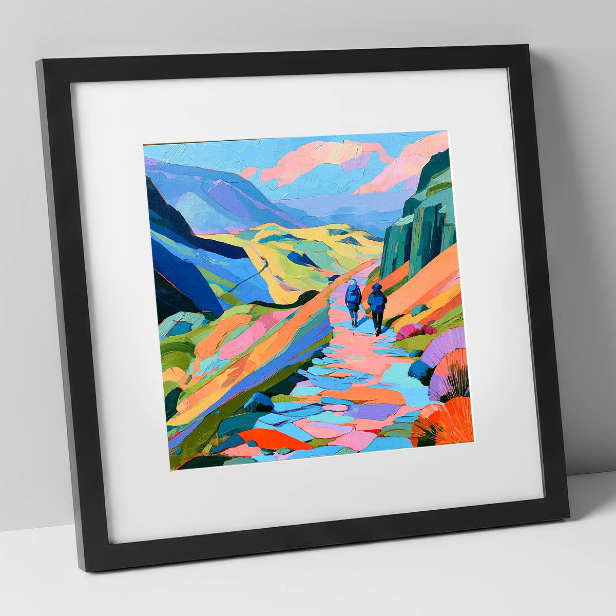 Walkers on a Vibrant Fell Path lake district walking art print in black frame