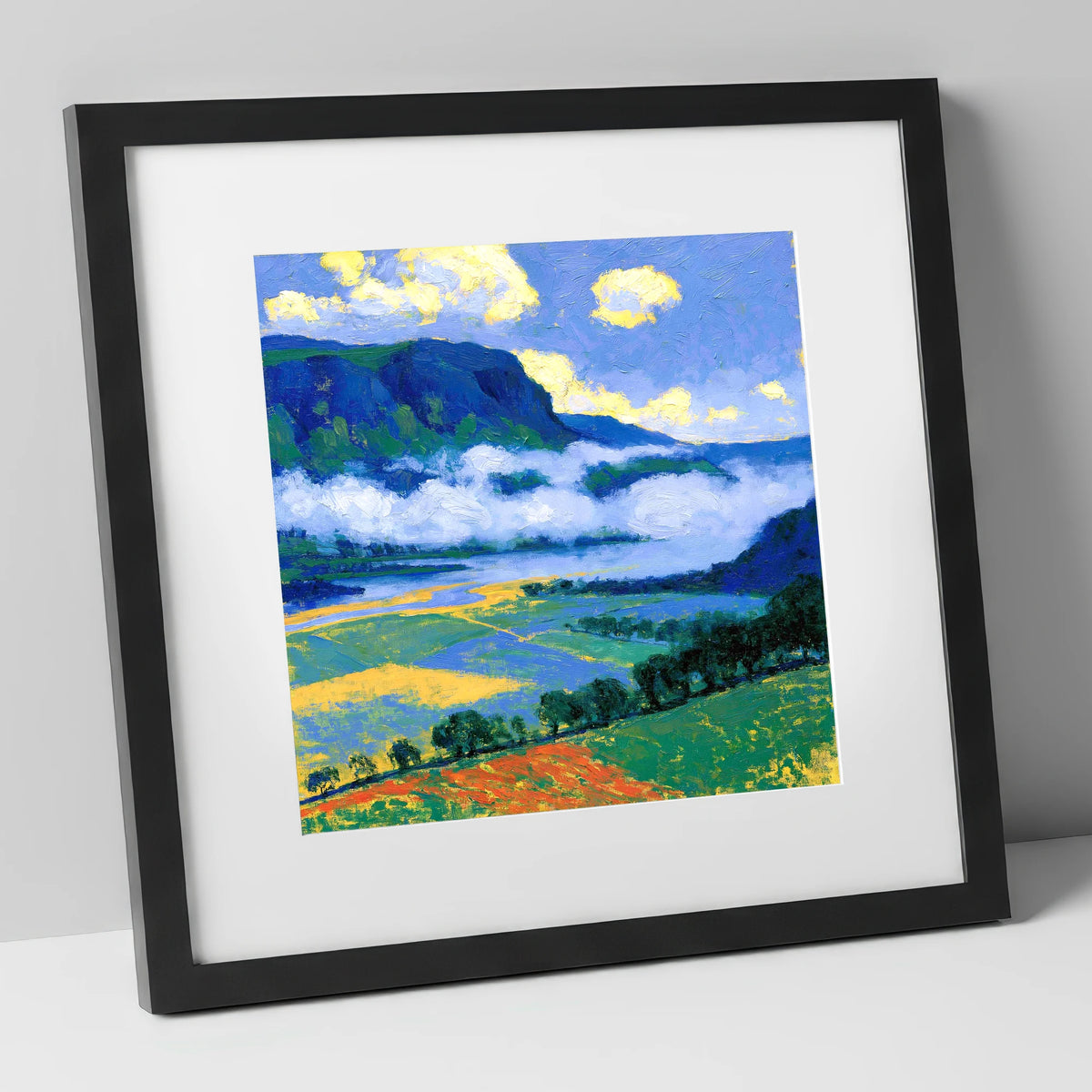 Blue Fells And Valley Mist lake district sky art print in black frame