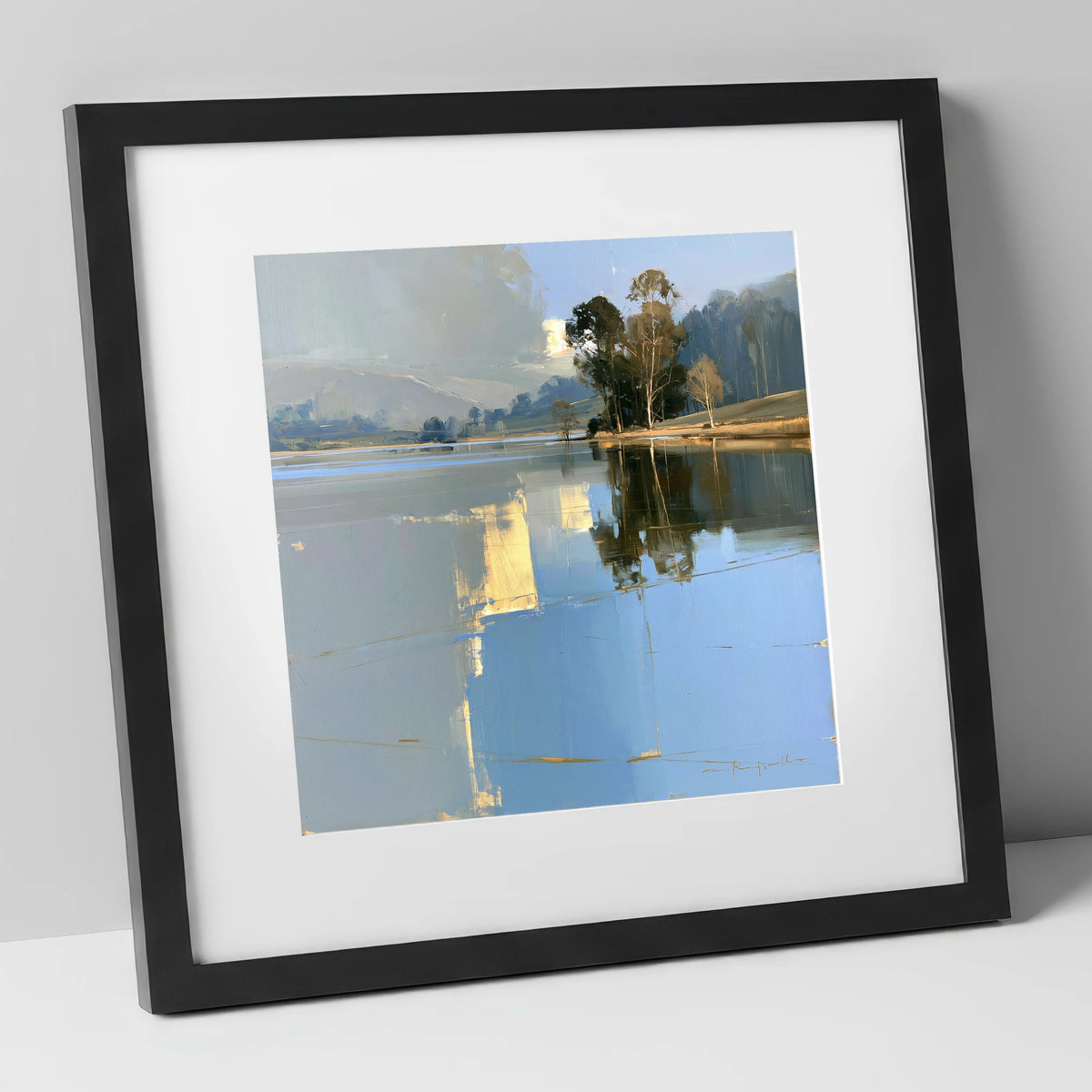 Calm Lake with Golden Reflections lake district lake art print in black frame