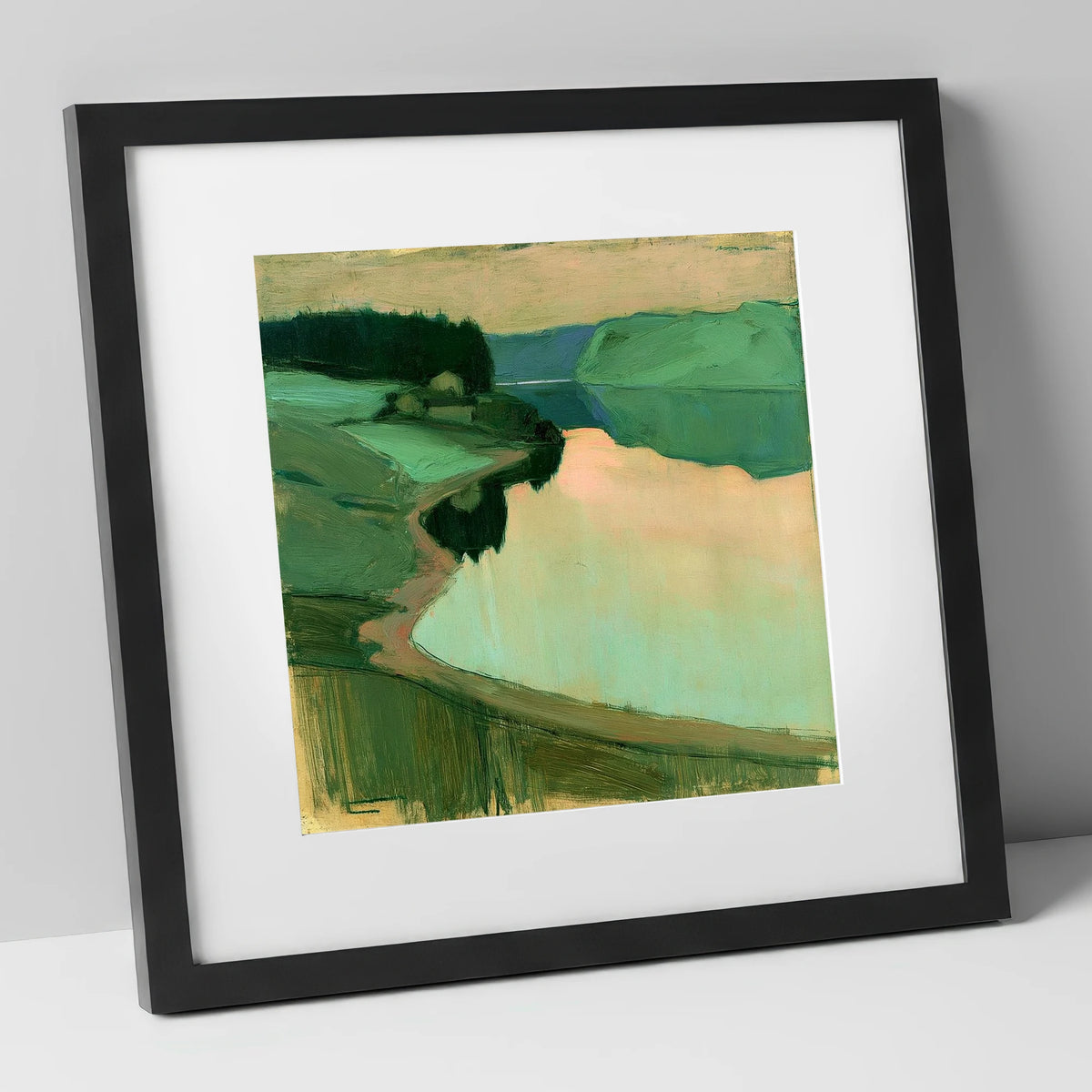 Still Lake at Peach Dawn lake district lake art print in black frame
