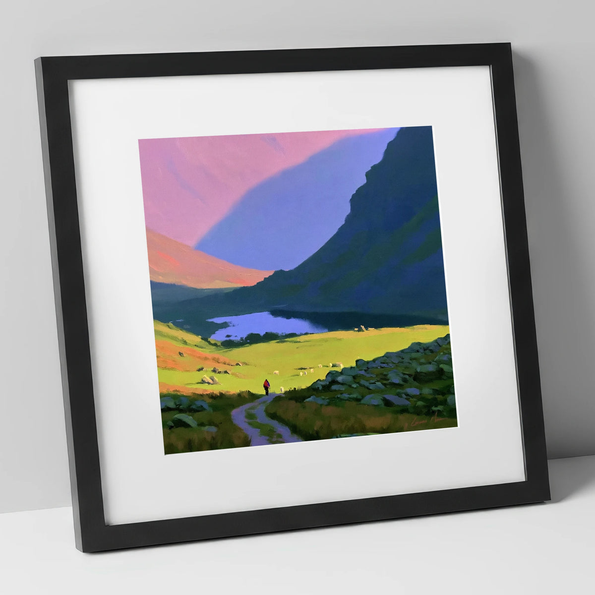 Lone Hiker in Vibrant Fells lake district walking art print in black frame
