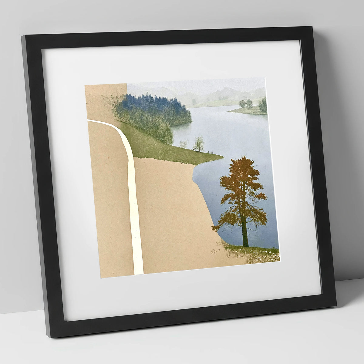Lone Tree at Tarn Hows lake district lake art print in black frame