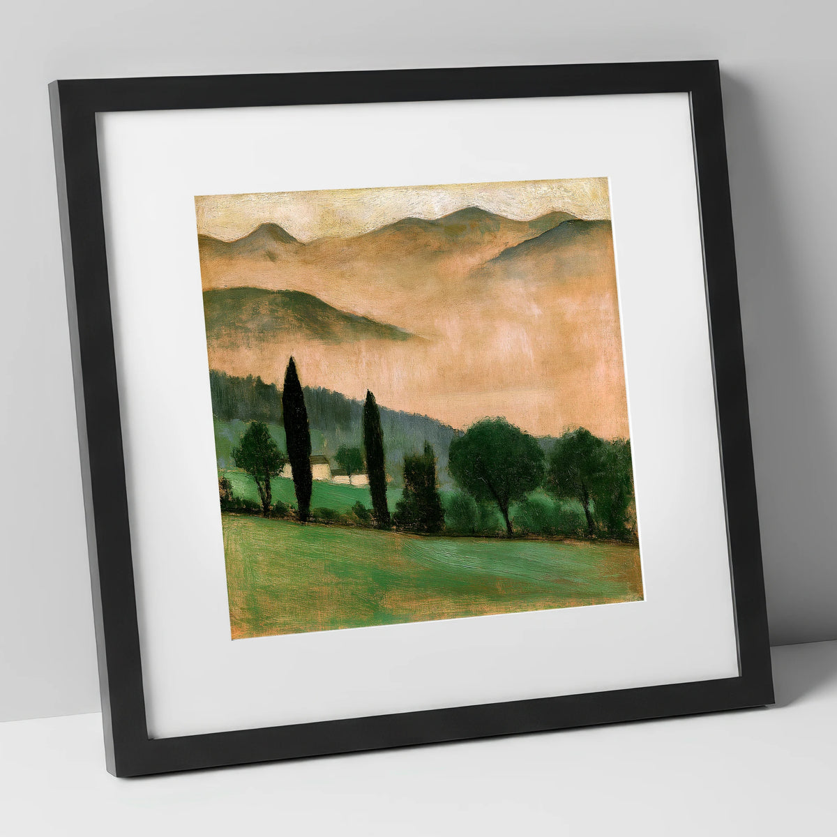 Terracotta Dawn over Misty Valley lake district sky art print in black frame
