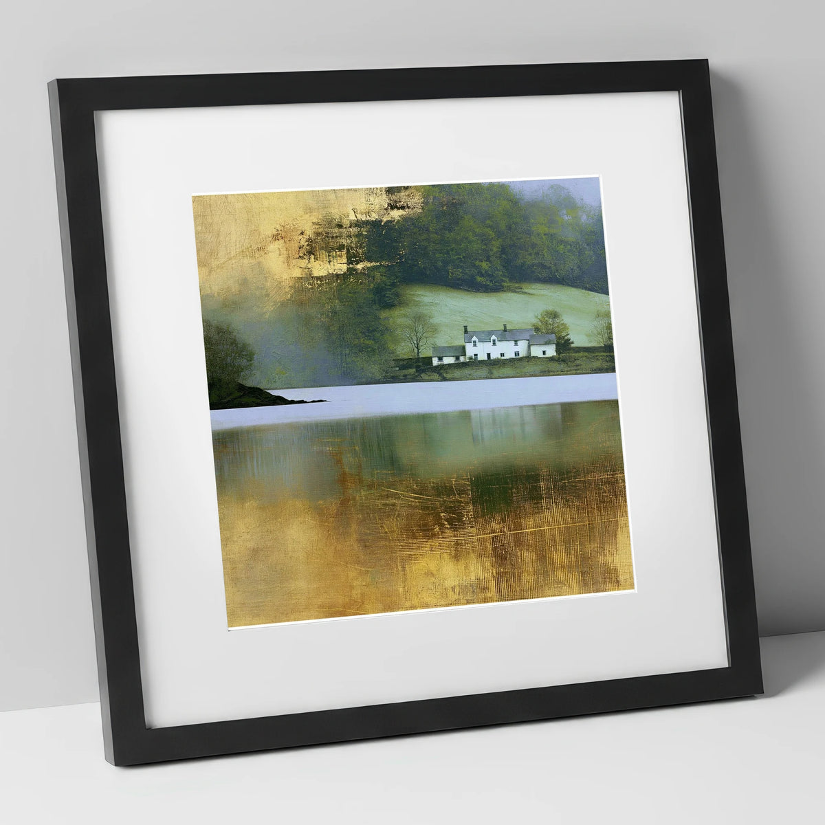 Golden Reflections on Coniston Water lake district lake art print in black frame