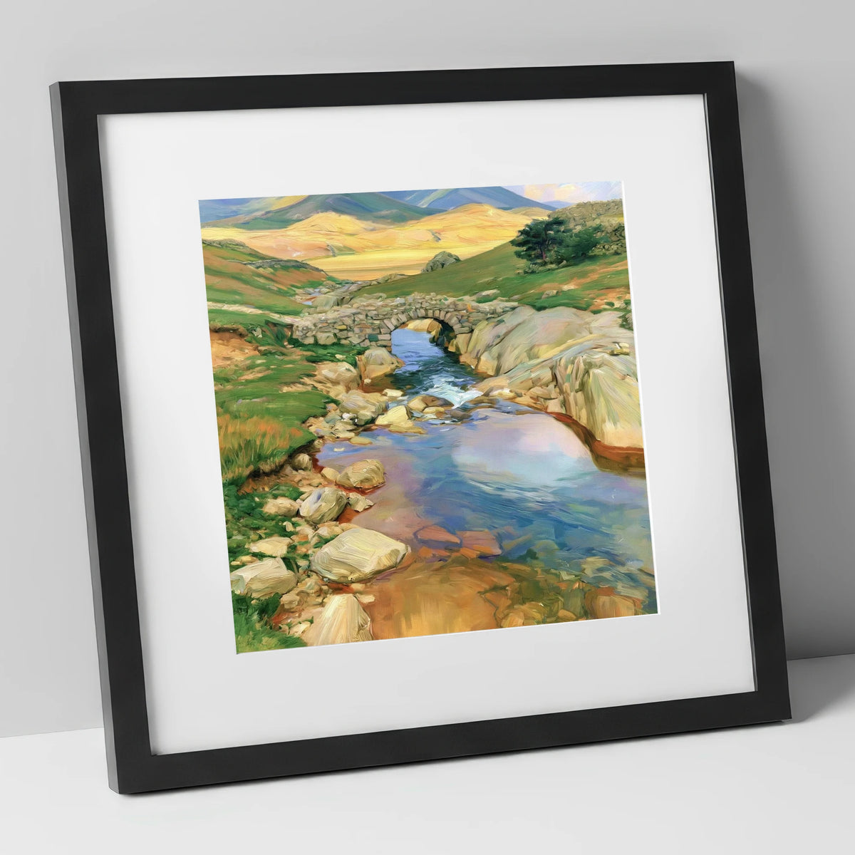 Stone Bridge Beneath Golden Fells lake district waterfall art print in black frame