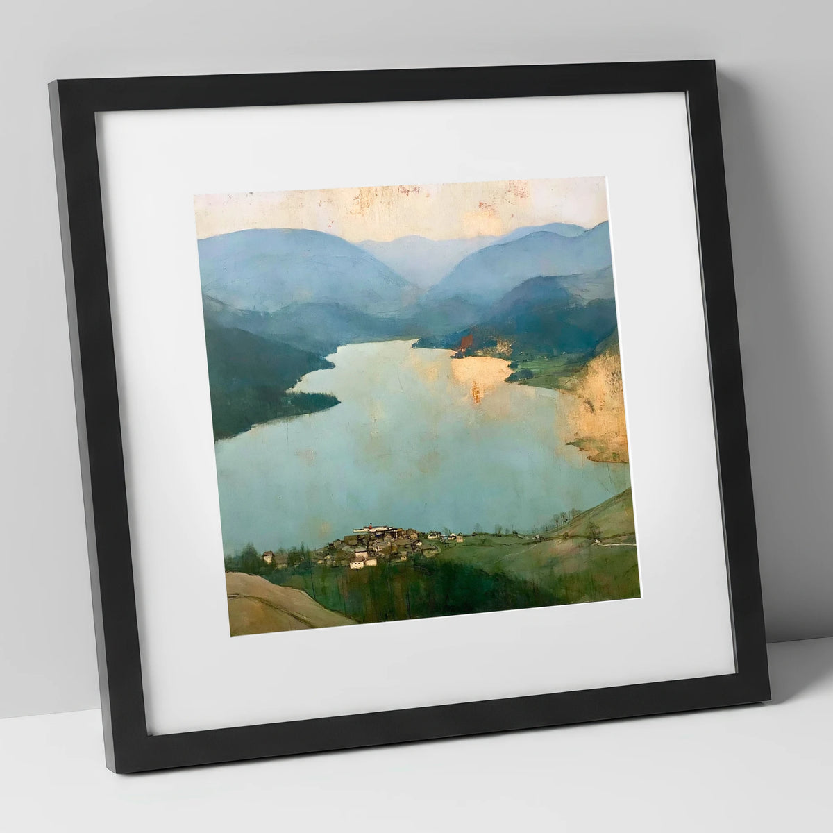 Glenridding and Ullswater in Gold lake district village art print in black frame