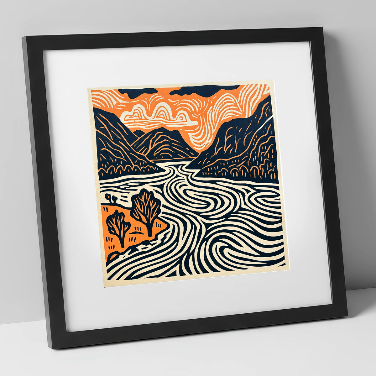 Ullswater in Terracotta and Navy lake district lake art print in black frame