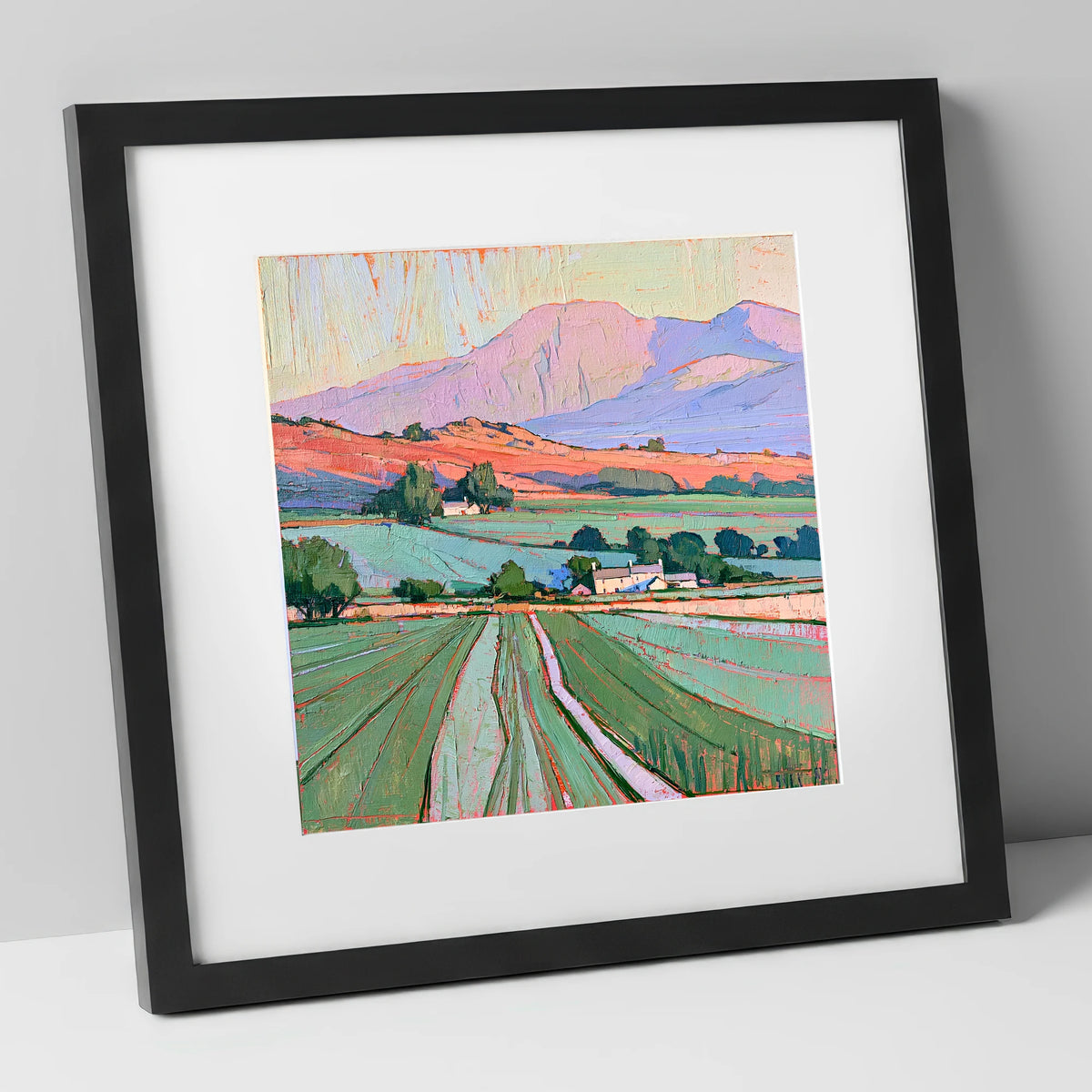 Golden Evening Fells and Farmland lake district sky art print in black frame
